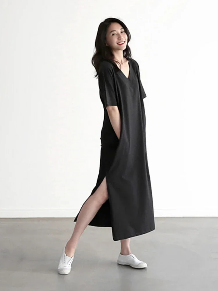Spring Summer Knit Dress for Women Modal V-neck Short Sleeved Sexy Dress Loose Casual Split Long Dresses Fashion Female Clothing