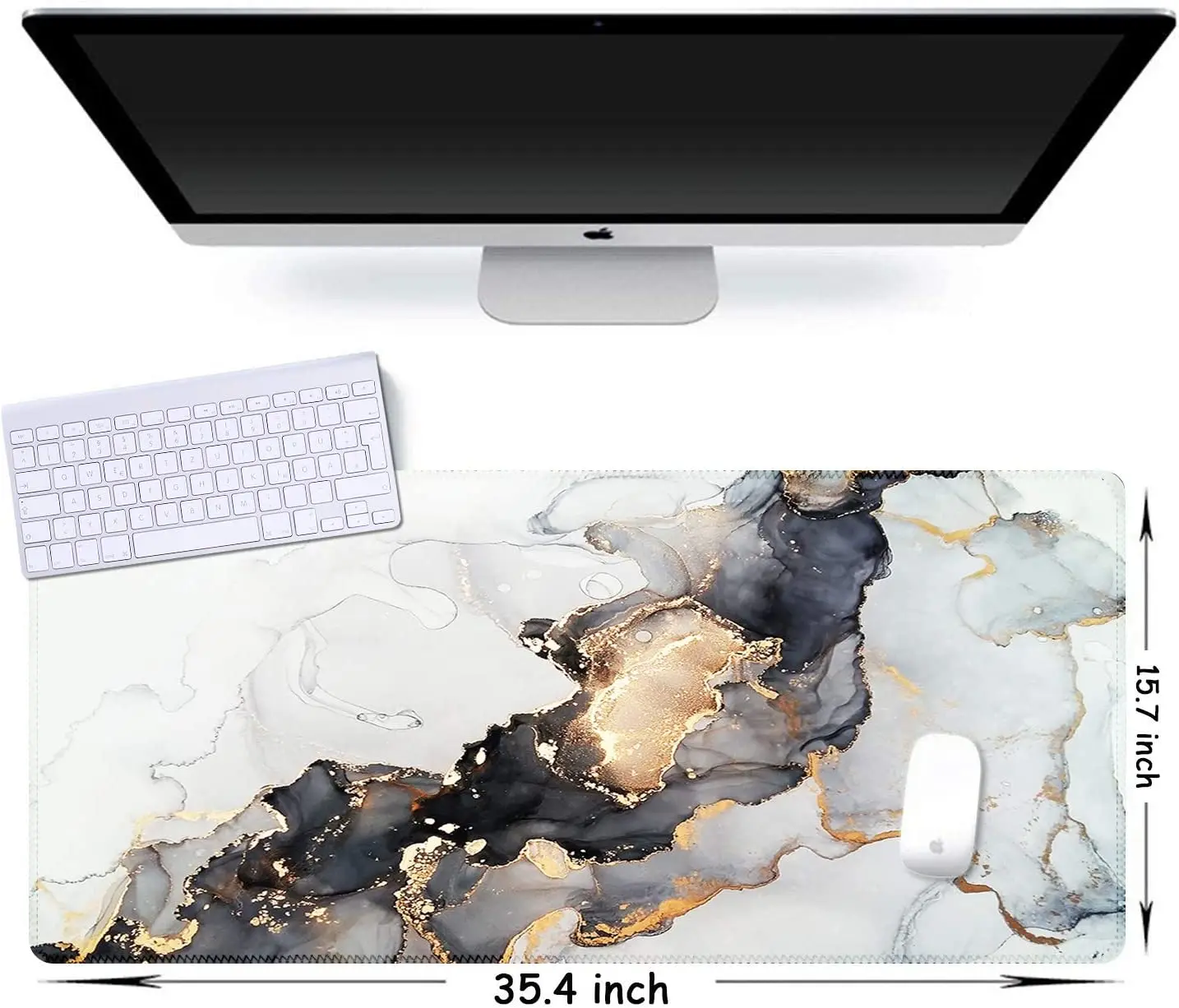 Extended Mouse Pad 35.4x15.7 in Large 3mm Non-Slip Rubber Base Mousepad with Stitched Edges Waterproof Desk Pad Gray Ink Marble
