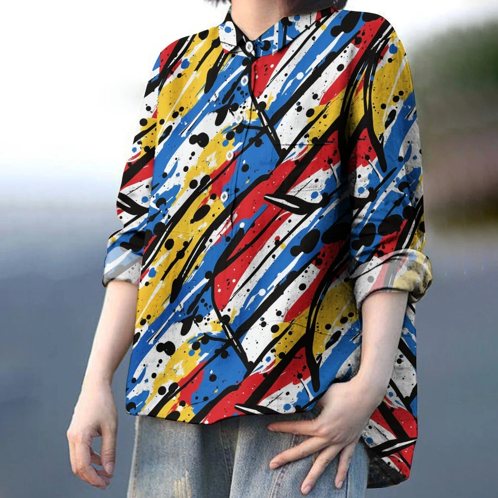 Women Daytime Abstract Art Shirt Casual Intricate Line Patterns Wear Trendy Women's blouse Versatile Featuring Color Block Shirt