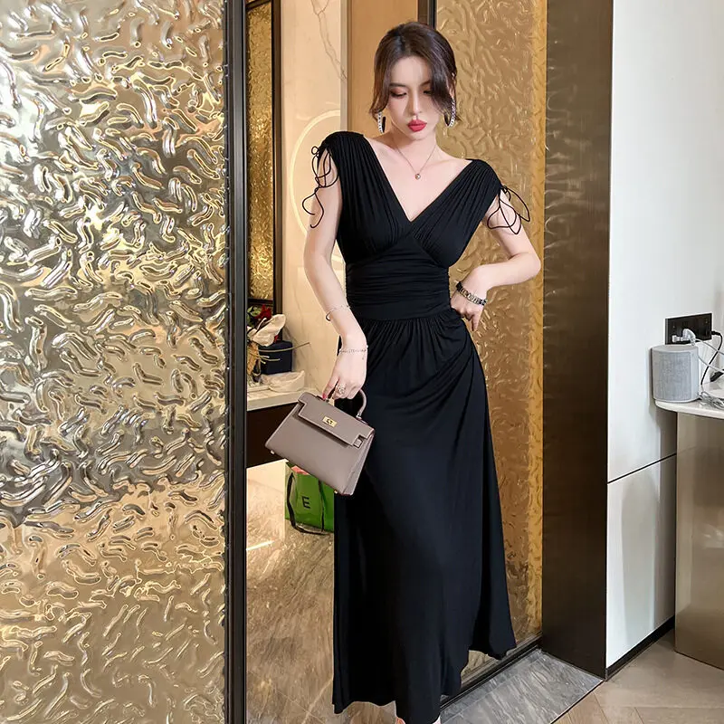 Summer new style light mature style temperament modal cotton waist pleated dress gentle temperament long skirt