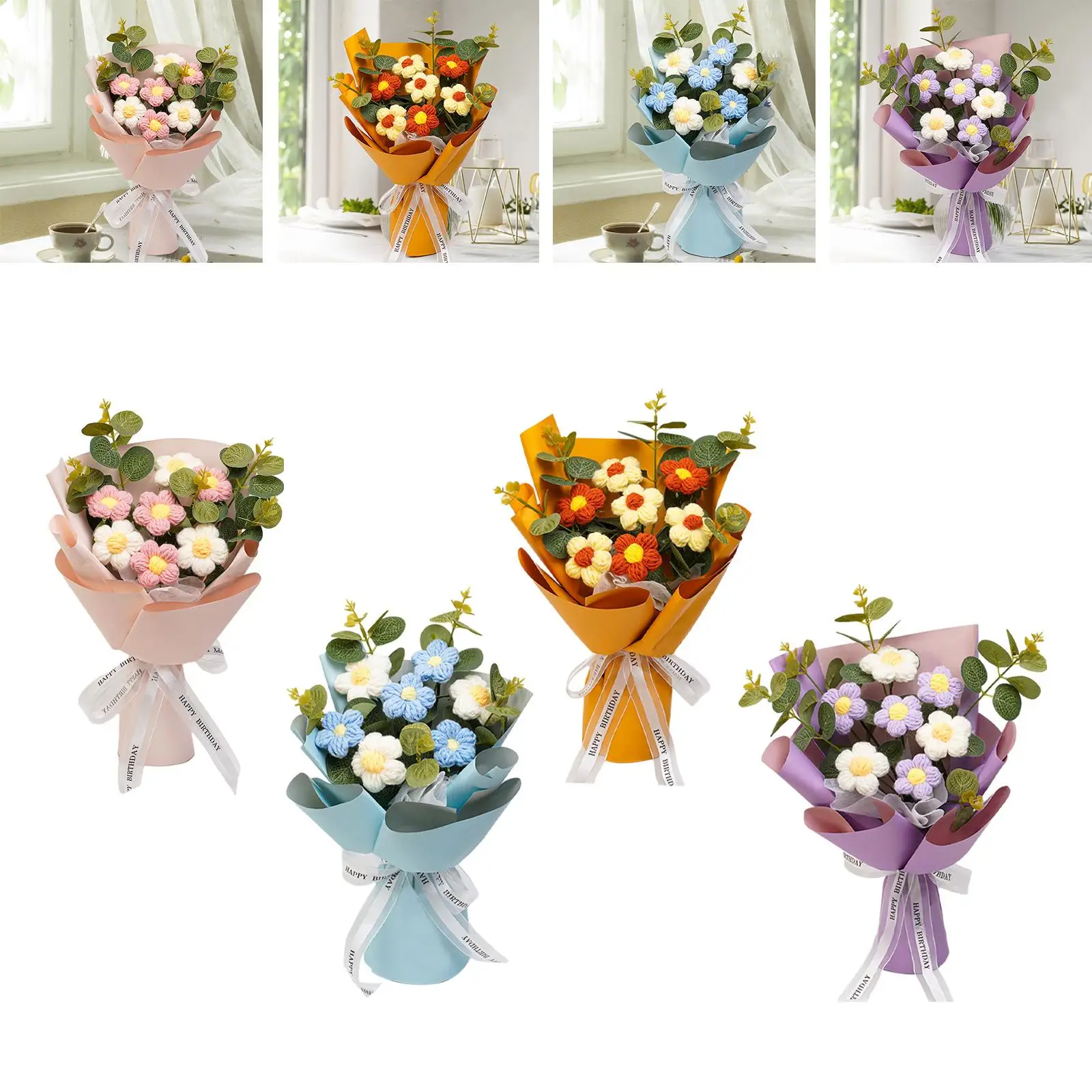 Ramo de flores de ganchillo ya hecho, decoración de regalo para el día de la madre, ramo tejido versátil para boda, hogar, escritorio, Acción de Gracias, cumpleaños