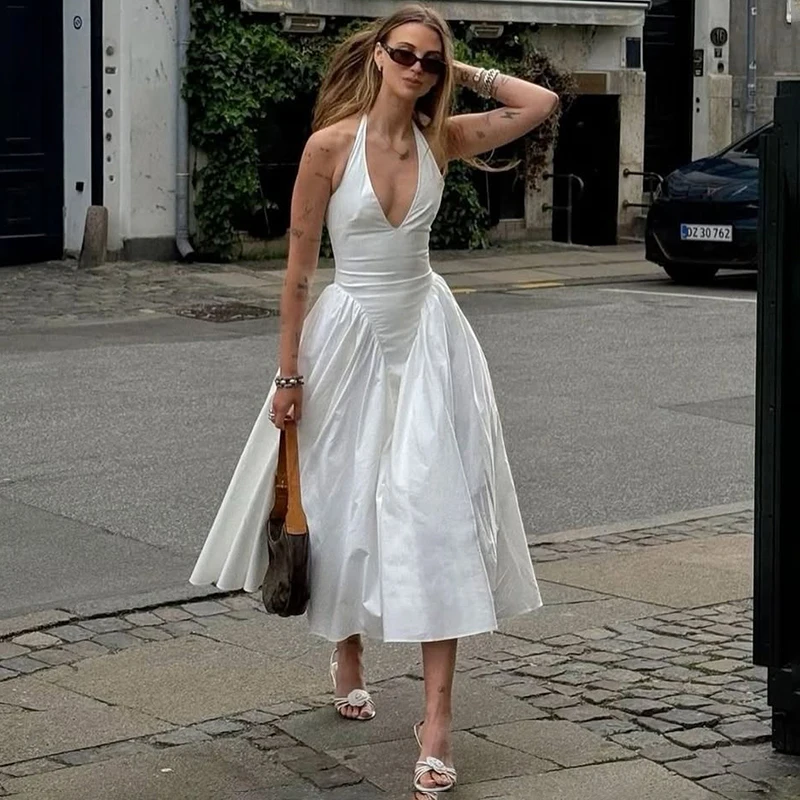 

Tornova Sexy Deep V Neck Halter Long Dress For Women A-line Pleated Elegant Evening Party Dress Lady Summer New Vacation Outfits