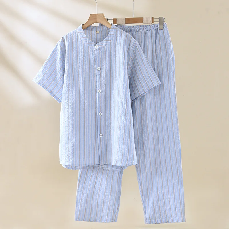 

Men's Cotton Simple Style Homewear Short-Sleeve Long Pants Round Neck Casual Breathable Striped Printed Men Sleepwear Set