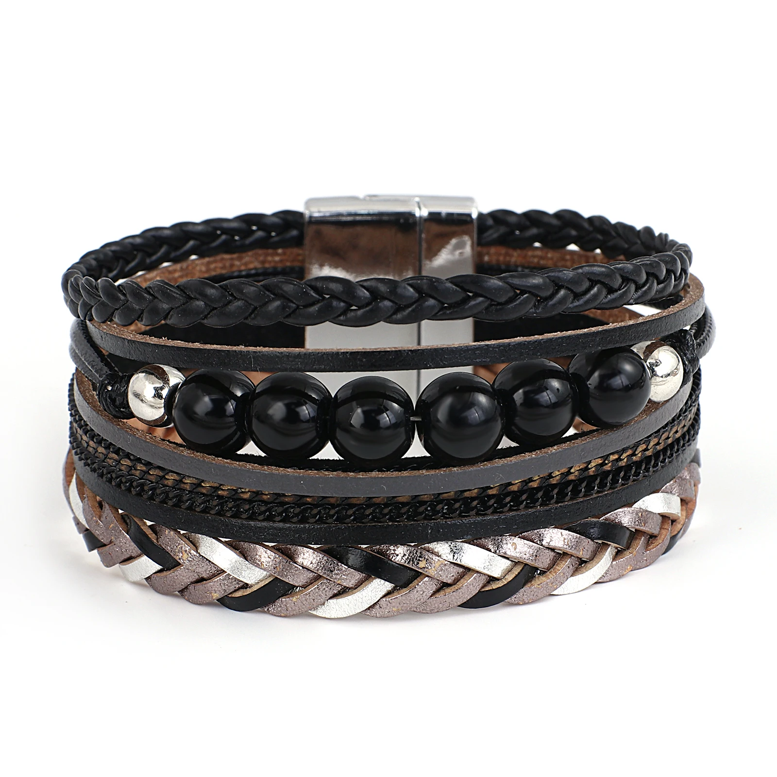 ALLYES Vintage Men Leather Bracelets Multilayer Braid Stone Beaded Bangles Crystal Chain Wrap Bracelets for Women Boho Jewelry