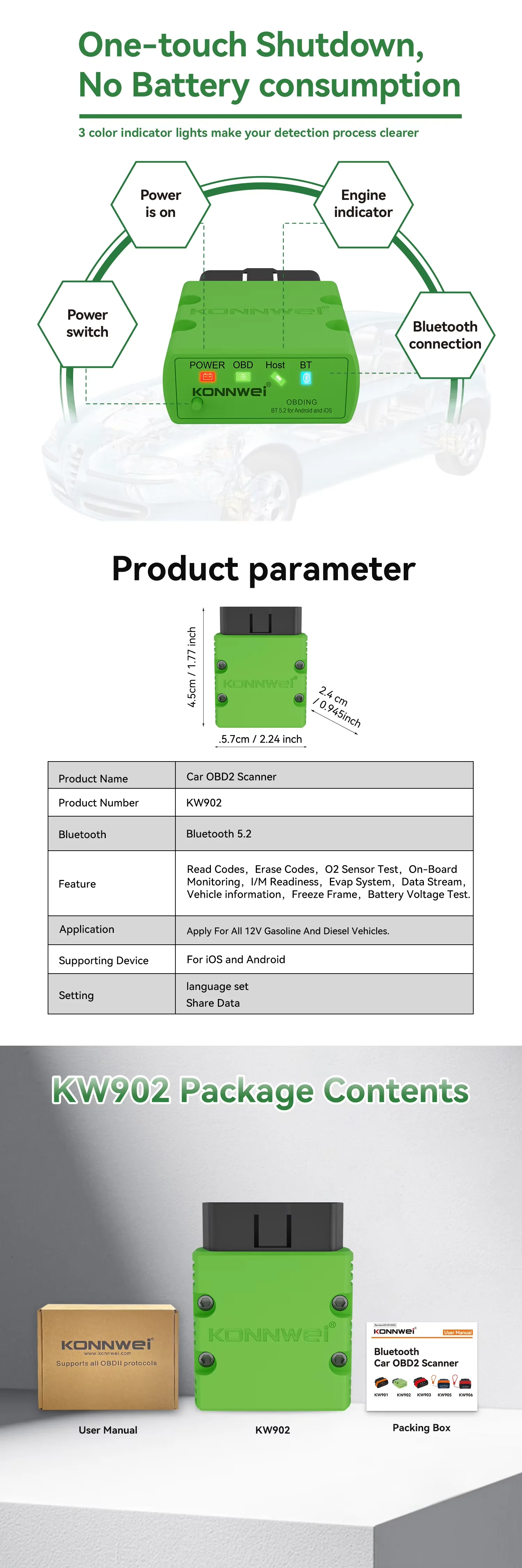 KONNWEI KW902 Bluetooth 5.2 ELM327 V1.5 OBD2 Auto-Scanner Codeleser OBDII Auto-Diagnosegerät für Android/iOS – Detail 4
