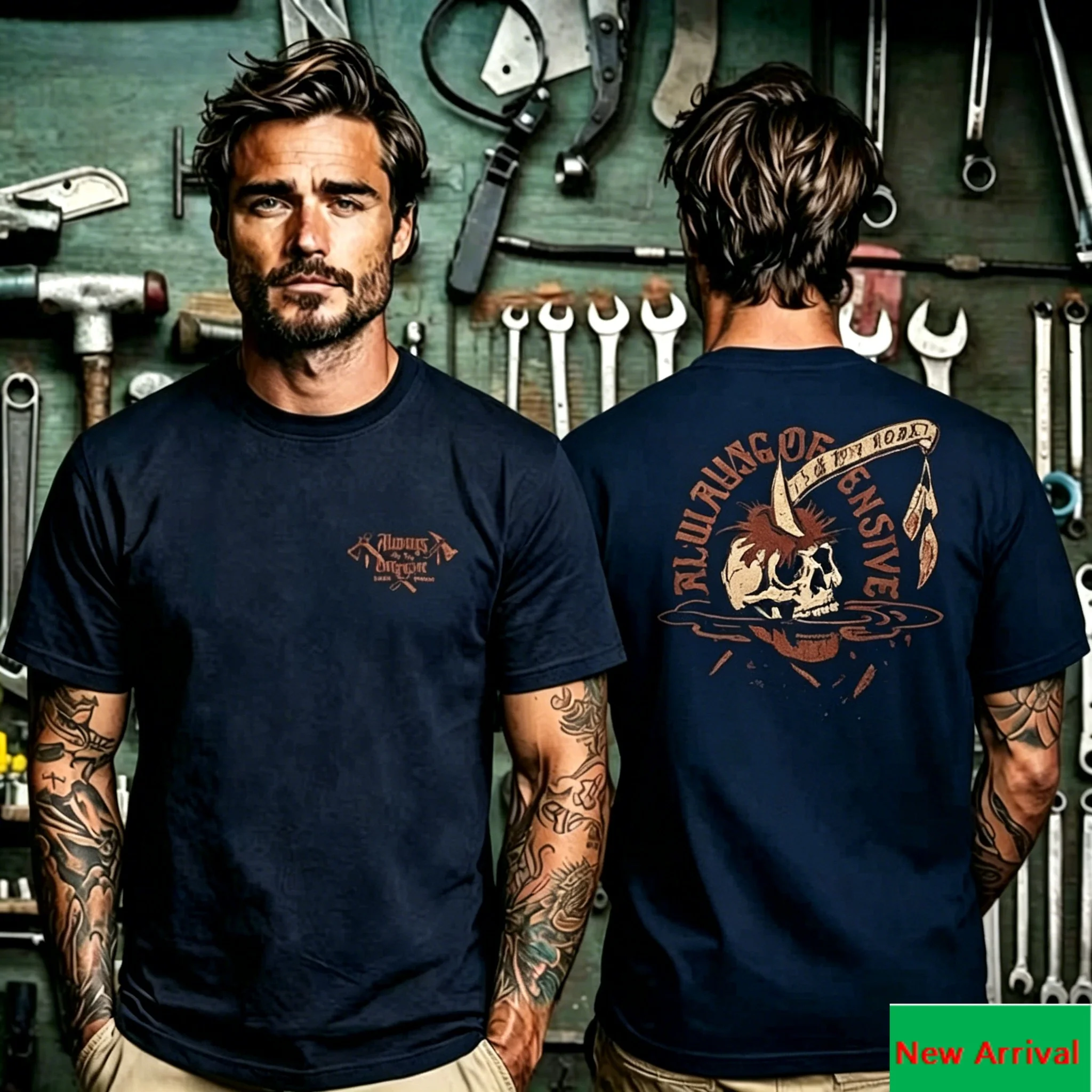 Front Small Axe Logo and Back Feather Skull Graphic Print T Shirt, Western Wild Design Unisex T Shirt