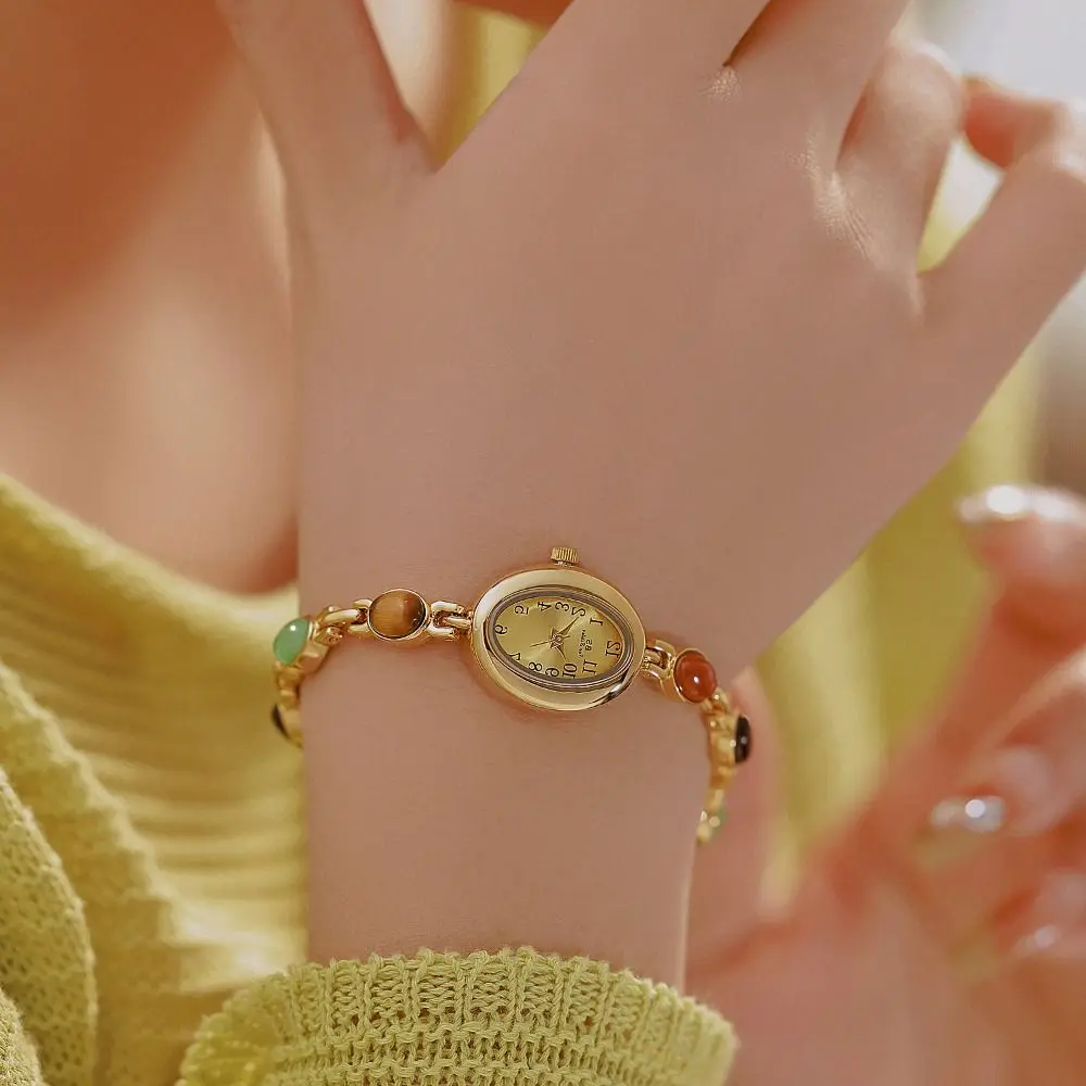 

New Colored Gemstones Ladies Watch Elegant Luxury Quartz Watch Gift Oval Dial Jade Bracelet Watch