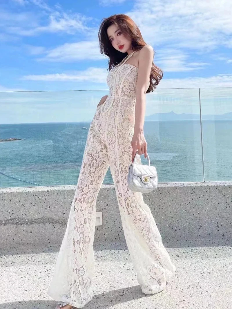 new spring summer office lady Fashion casual sexy brand female women girls lace hollow out straight jumpsuits