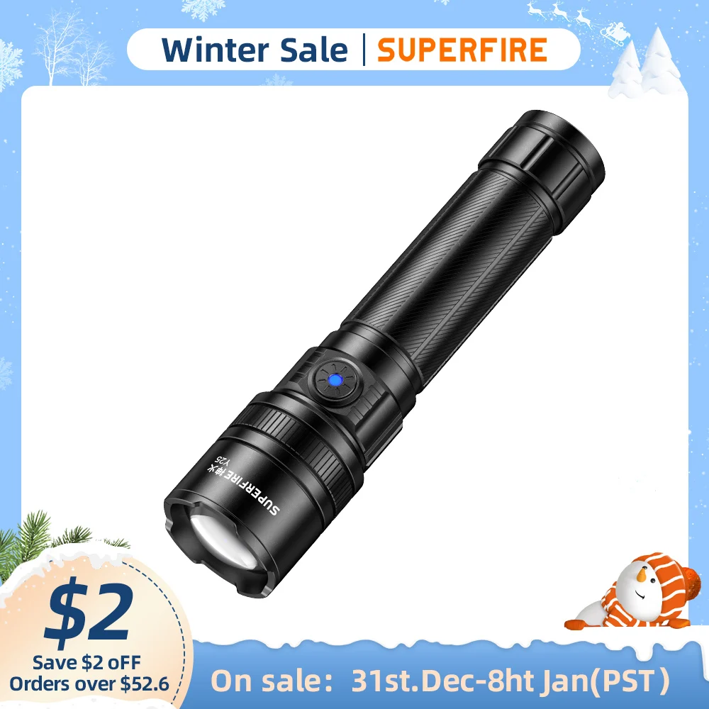 SUPERFIRE Y25 10W LED Flashlight 450m Lighting Distance with Zoom, USB-C Rechargeable 18650 Torch for Camping Fishing Lantern