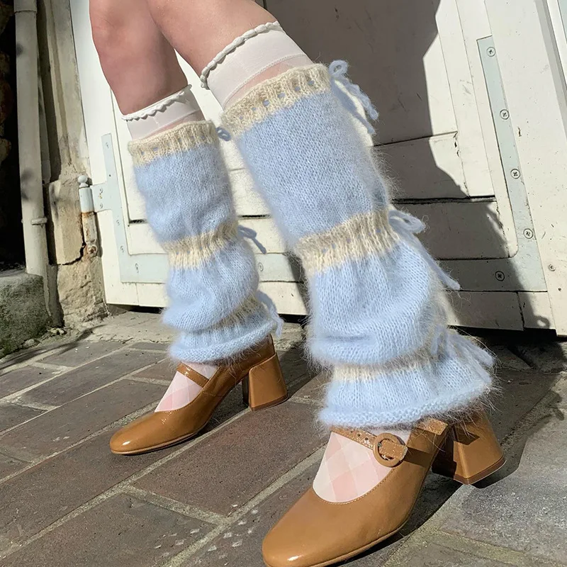 

JK Lolita Thickened Leg Covers Sweet Bow Tie Leg Warmers Contrast Wool Fur Leg Warmers Strap Warm Boot Cuffs Warmer Sock