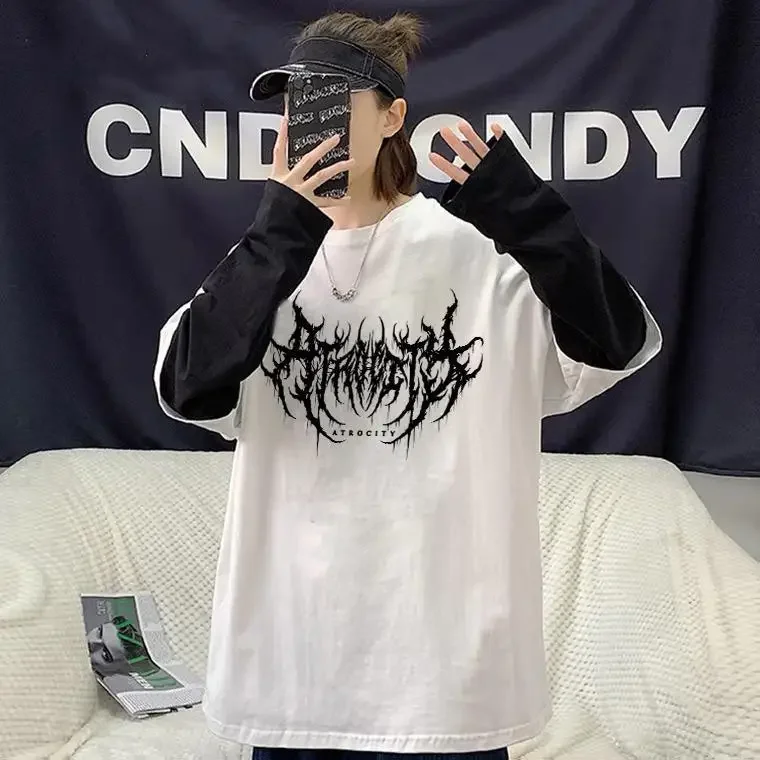 Loose Long Sleeve Crew Neck T-Shirt Women's Summer New Style Letter Print Overhead Top Korean Version Fake Two-Piece Design