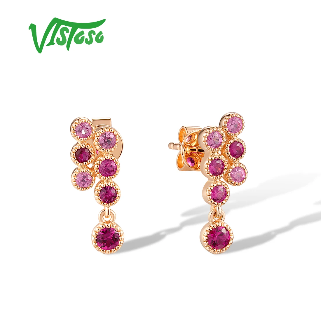 

VISTOSO Real 14K 585 Rose Gold Stud Earrings For Women Sparkling Pink Red Sapphire Ruby Wedding Anniversary Chic Fine Jewelry