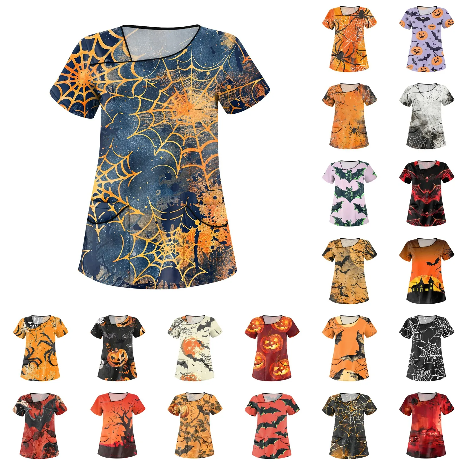 女性用ハロウィンプリントナースユニフォーム、半袖Tシャツ、Vネックスクラブ、ブラウストップ、ポケットケアワークウェア、医療チュニック
