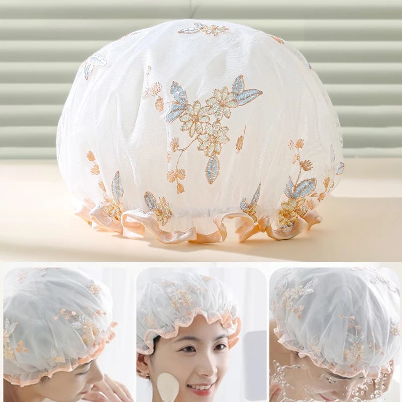 

Handmade Embroidered Shower Cap Thick Double-Layered Shower Cap For Women With Waterproof Elastic Bath Cap Hair Protection