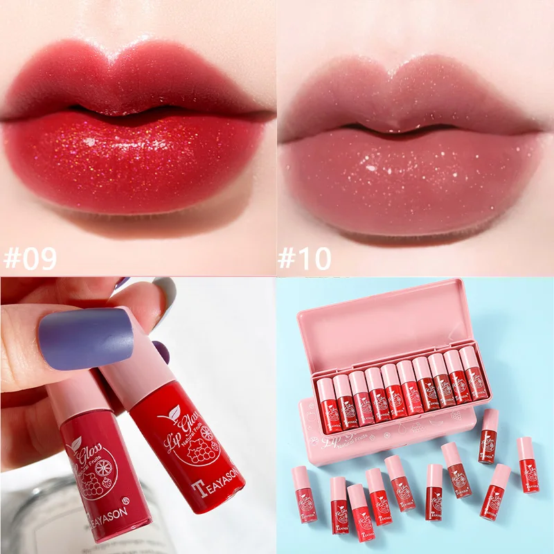 シマーミニリップグロスキット10個、ミラーと防水仕上げの保湿液体口紅、ギフト/バレンタインデーに最適
