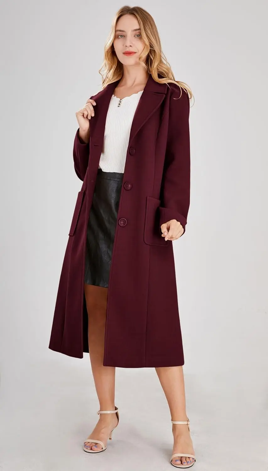 

ZENFLEX Women's Big Notch Lapel Single Breasted Mid-Long Wool Blend Coat