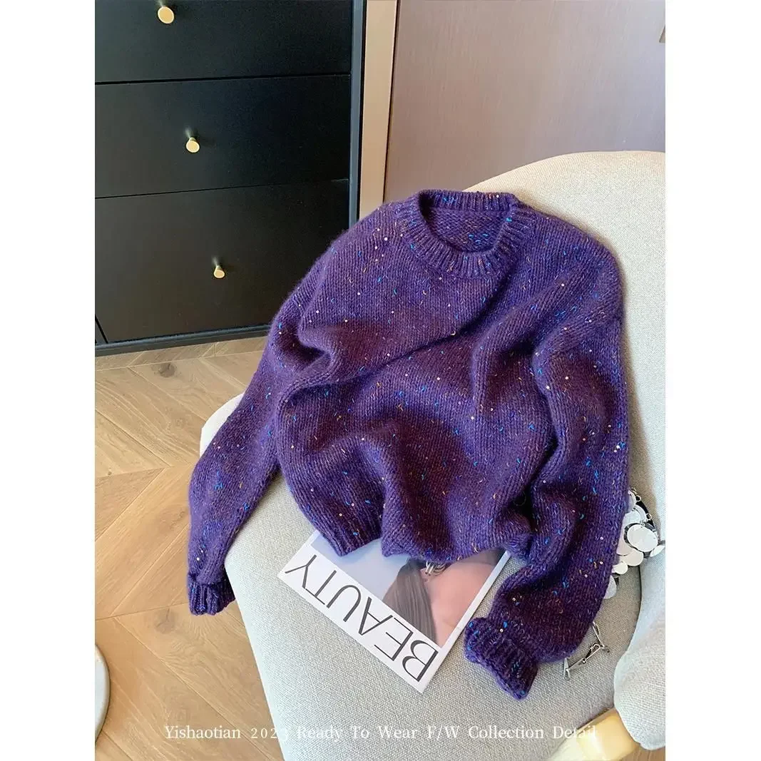 

Gagarich Fashion Purple Sequin Round Neck Pullover Women Autumn Winter Lazy Fashion Loose Temperament Knitted Sweater Top