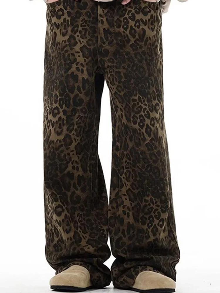 New American Retro Leopard Print Chic Women Jeans Loose Female Casual Slim Woman Woman Jeans Fashion Street Straight Leg Pants