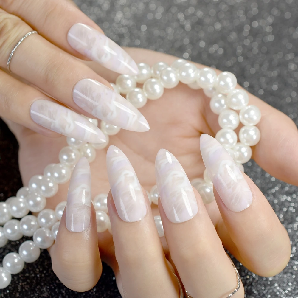 Witte Jade Marmeren Schelp Stiletto Valse Nagel Extra Lange Scherpe Wit Roze Steen Textuur Nepnagels Faux Ongles Acryl Nagels Tips