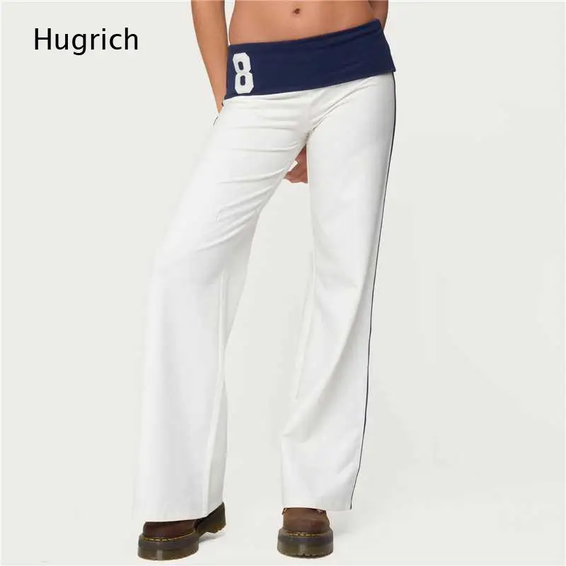 Ladies Vintage Low Rise Fold Waist Flare Pants Contrast Navy Waist Number Print Slim Bootcut Casual Y2K Bottoms