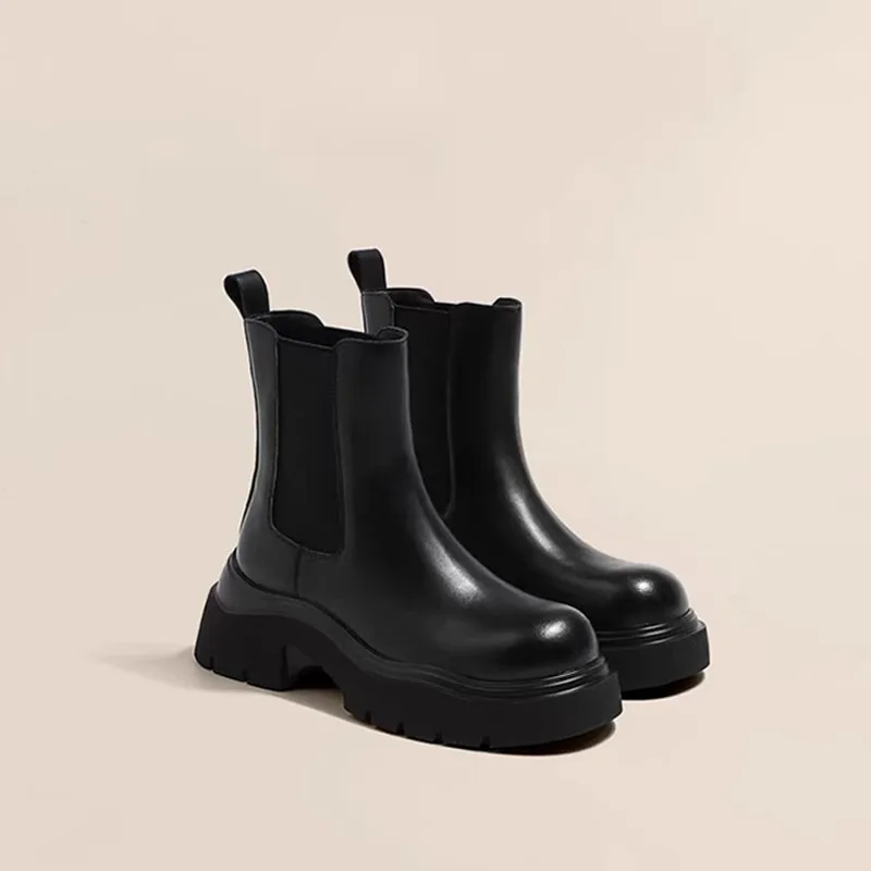Short boots for women 2026 new British round toe thick soled boots children's single boots Chelsea black chimney short boots