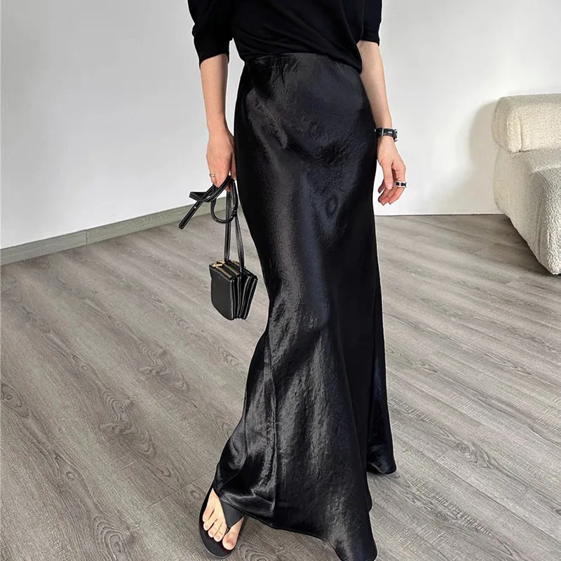 Acetate Silk Long Skirt Summer Trendy Satin Wrinkle Shimmering Versatile Fishtail Faldas French Elegant Oblique Cut Vestidos