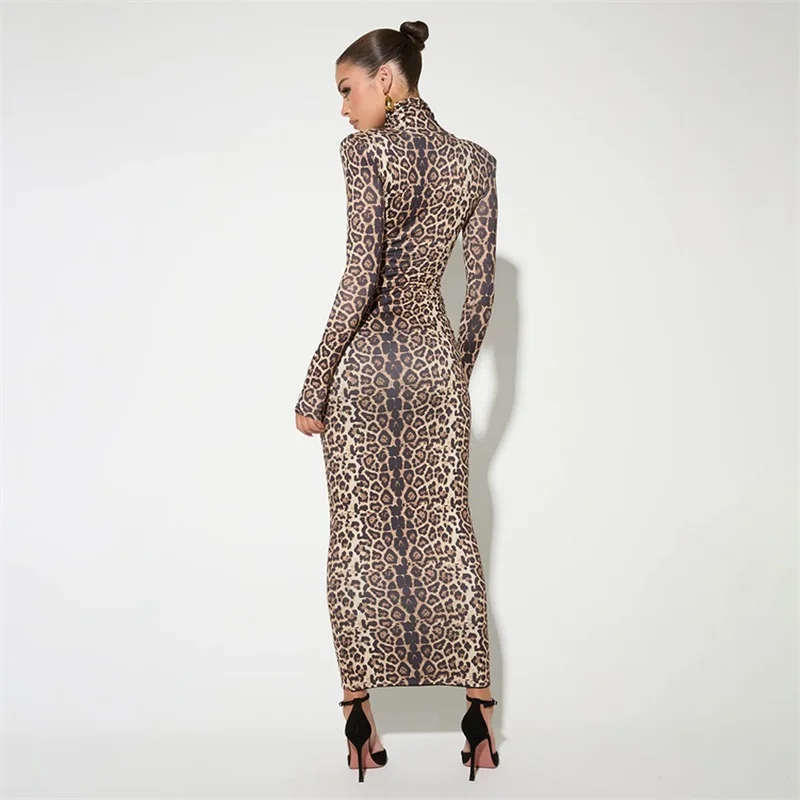 Leopard Print Women's Prom Dress High Neck Full Sleeves Slim Fit Formal Birthday Long Fashion Party Gown Skirt Robes