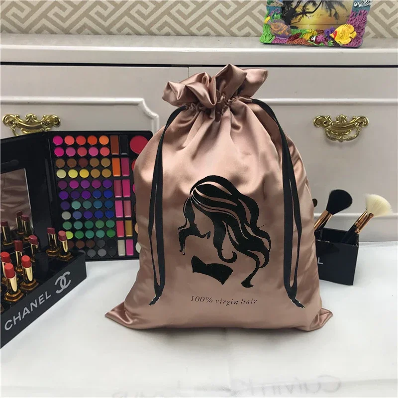 Bolsa de regalo de seda con logotipo personalizado, bolsa de satén con cordón, joyería de lujo para el cabello, cosméticos, maquillaje, almacenamiento de zapatos para teléfono móvil