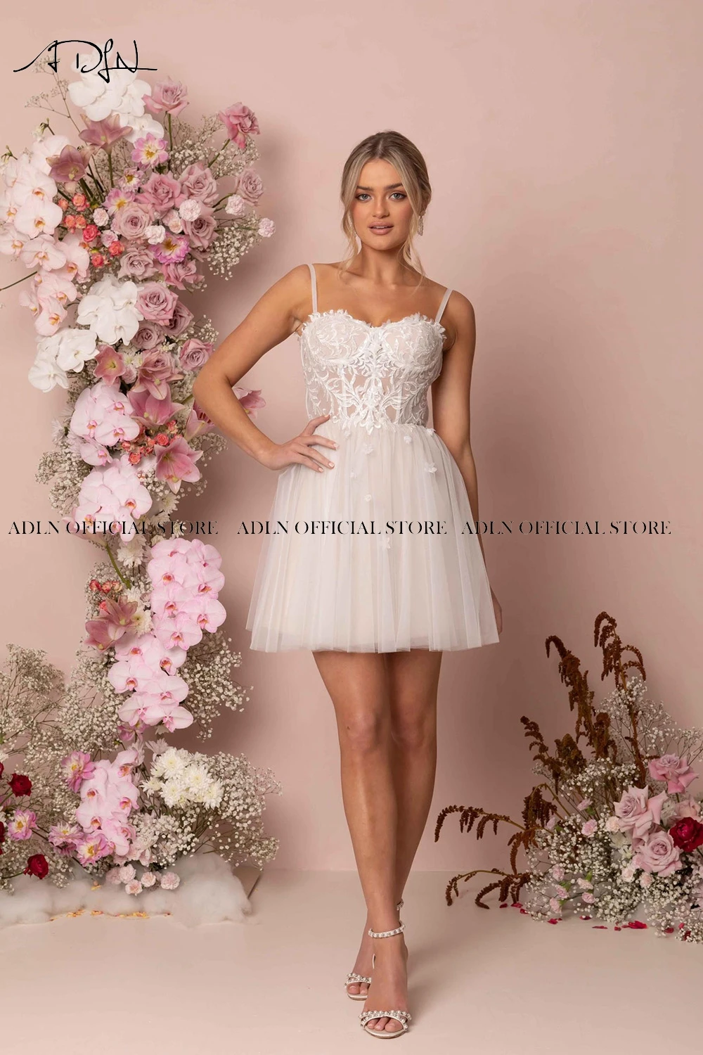 Abito da sposa corto staccabile ADLN Mini abito da sposa fata in Tulle a-line Robe De Mariee abito da ricevimento in pizzo senza schienale su misura