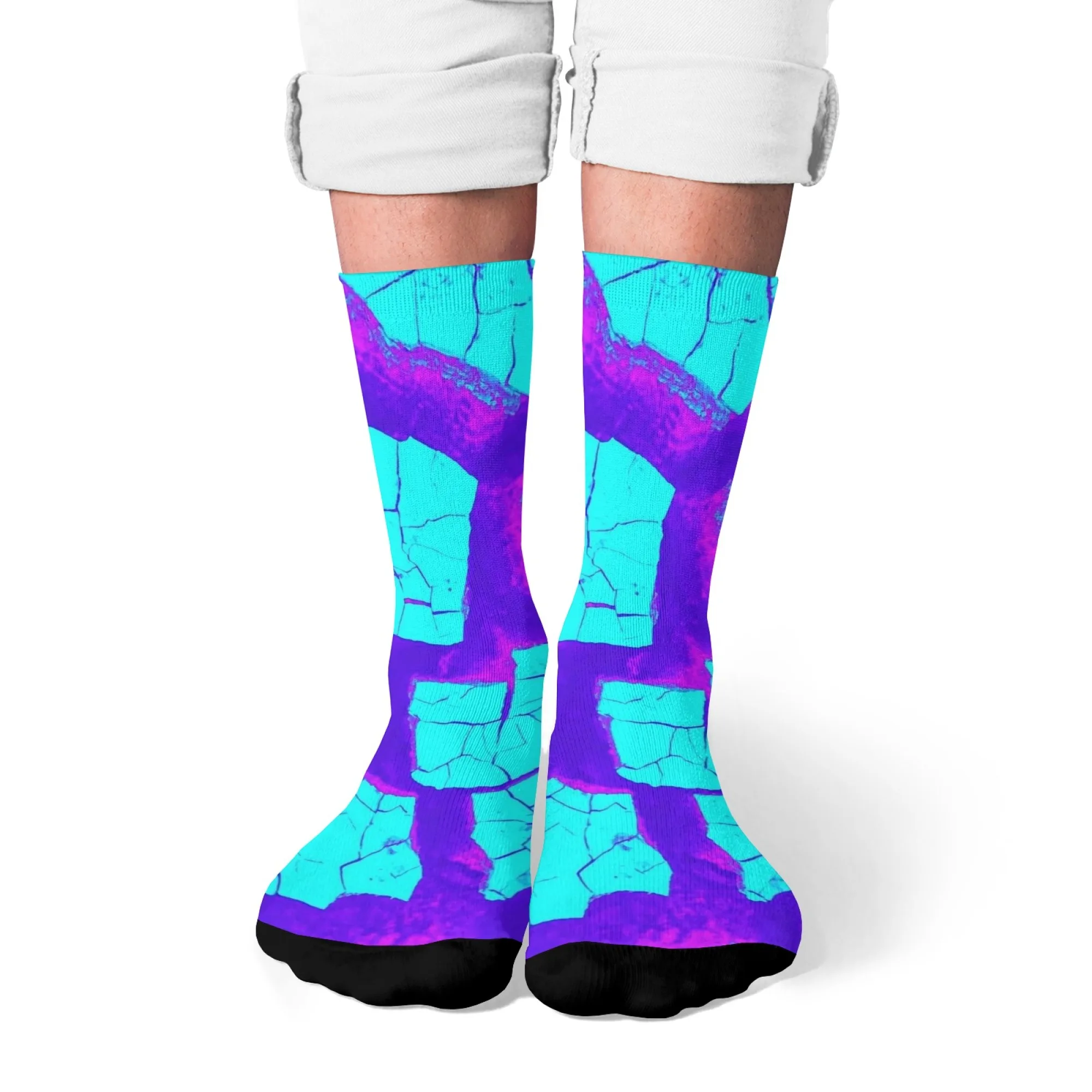 Vibrant Neon Art Geometry Crew Socks Eye-Catching Cracked Geometric Print Premium Socks for Art Gifts & Fashion Statements