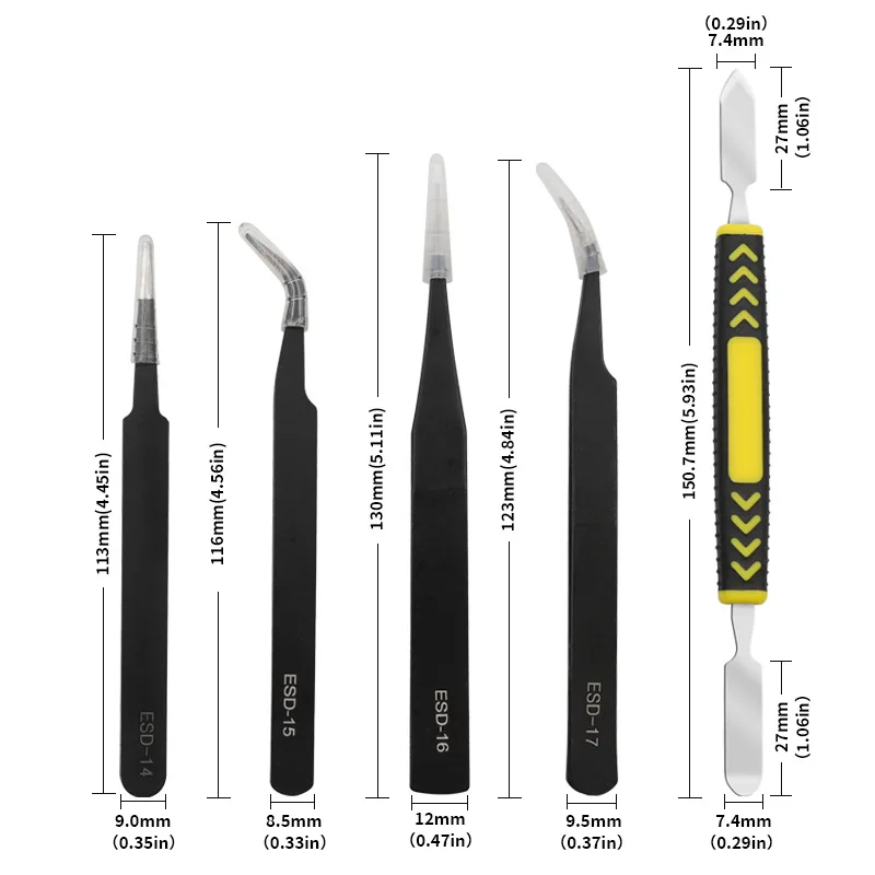 10 PCS  Stainless Steel Tweezers Set Pointed Elbow Tweezers Disassembly, Pry Bar Tweezers Kit Canvas Bag