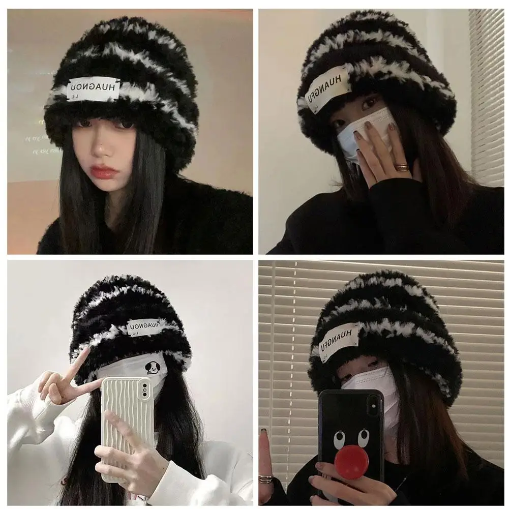مخطط قبعة محبوكة المرأة الشتاء قبعة تدفئة مع حماية الأذن سميكة بوم بوم قبعة للطقس البارد الشتاء أفخم قبعة #6