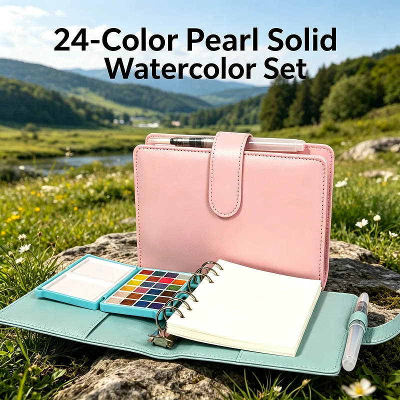 24 Colors Pearlescent Solid Watercolor Paint Set with Sketchbook Portable Art Supplies for Students School Painting & Kids DIY