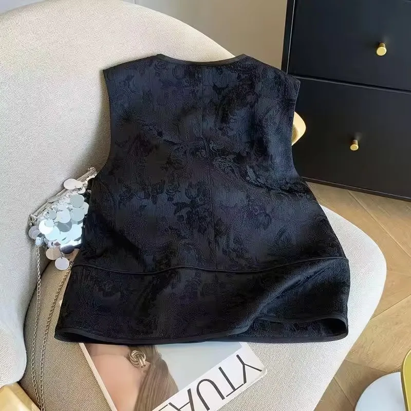 VintageจีนJacquardเสื้อแจ็คเก็ตผู้หญิง 2025 ฤดูใบไม้ผลิฤดูร้อนใหม่Roseปุ่มเสื้อกั๊กChicหญิงTop