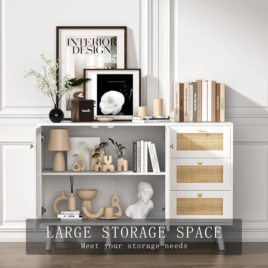 خزانة بوفيه جانبية مع خزانة تخزين خشبية بيضاء مع بابين و3 أدراج خزانة مميزة لبار القهوة للمطبخ L #4