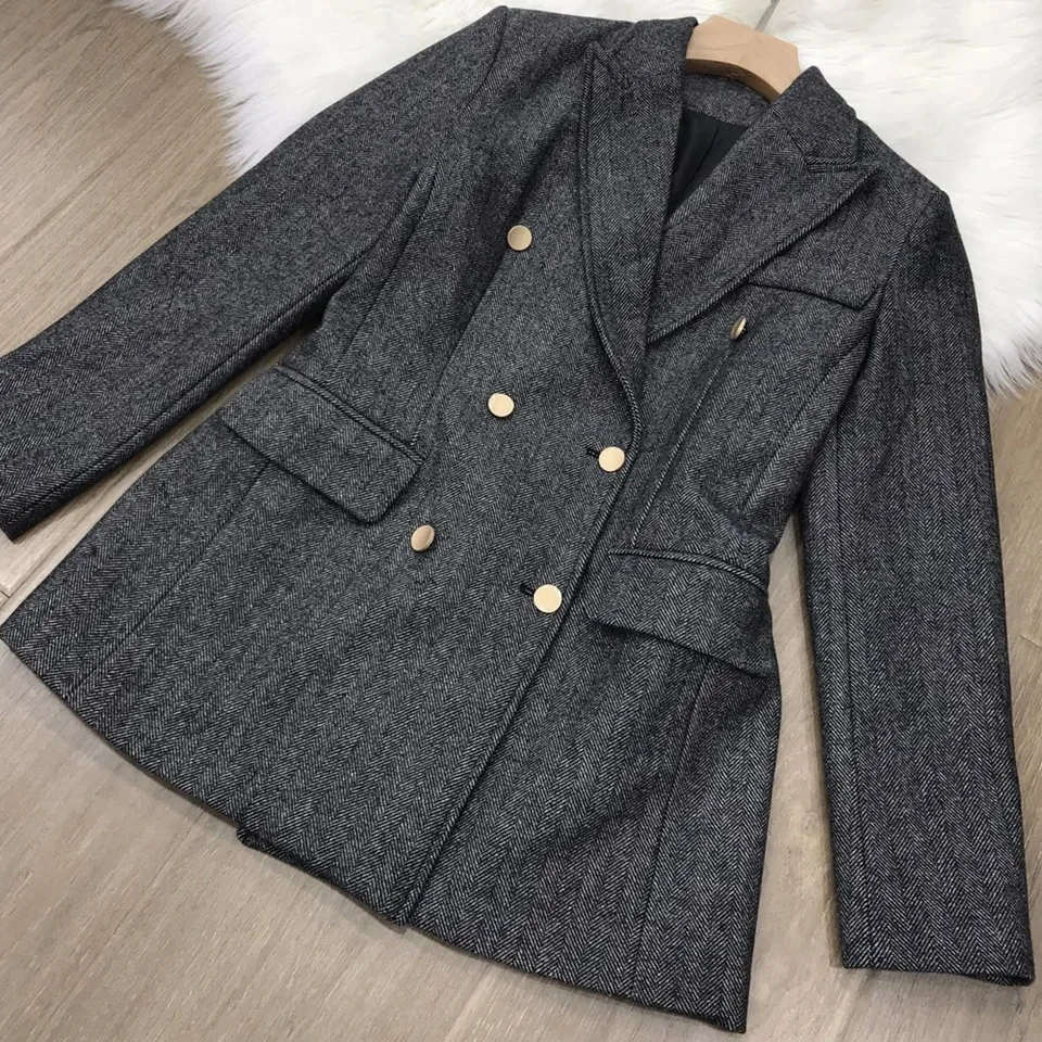 

Vintage herringbone double breasted woolen blazers women OL casual coats