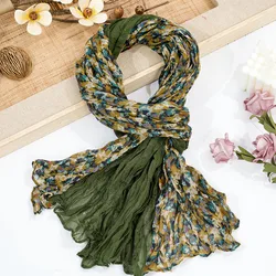 A women's multi-color retro small floral print wrinkled cotton and linen sun protection bohemian style scarf