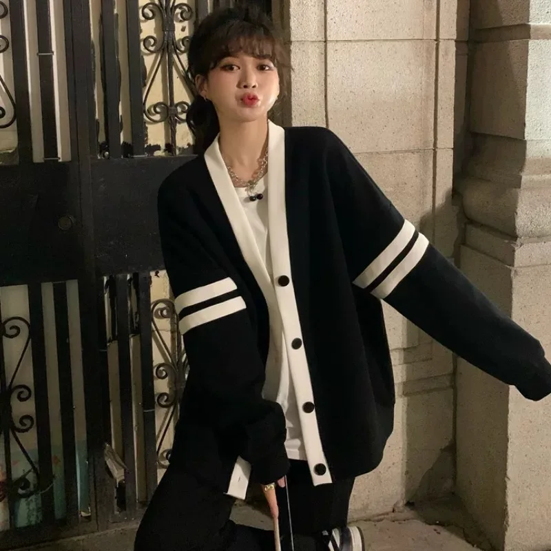 Women Autumn Korean Loose Fashion Preppy Style Patchwork Knitting Cardigan Coat Ladies Casual All-match Long Sleeve Knitwear