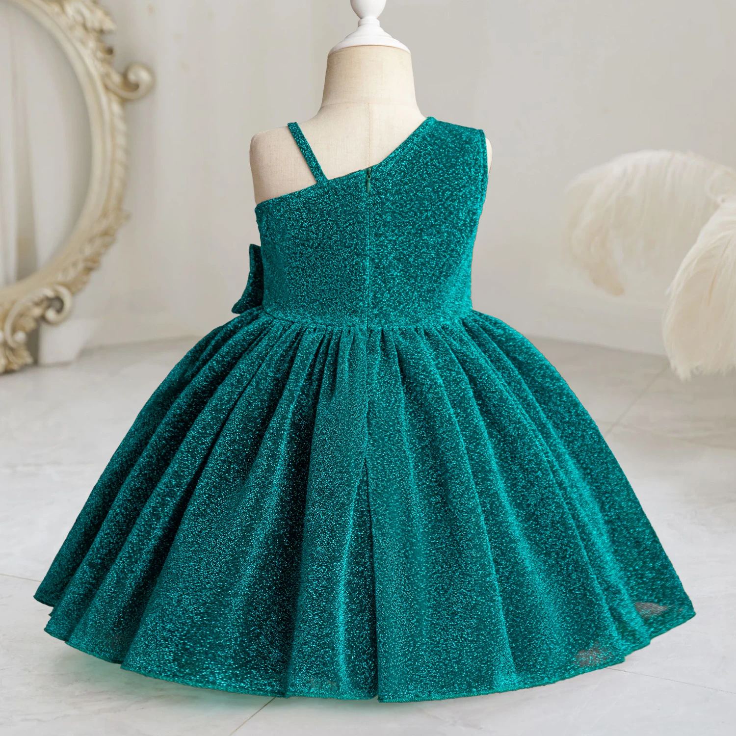 3-8 Years Kids Girls Princess Dress Children\'s Birthday Wedding Chrisrmas Dress One Shoulder Elegant Velvet Sequin Evening Dress