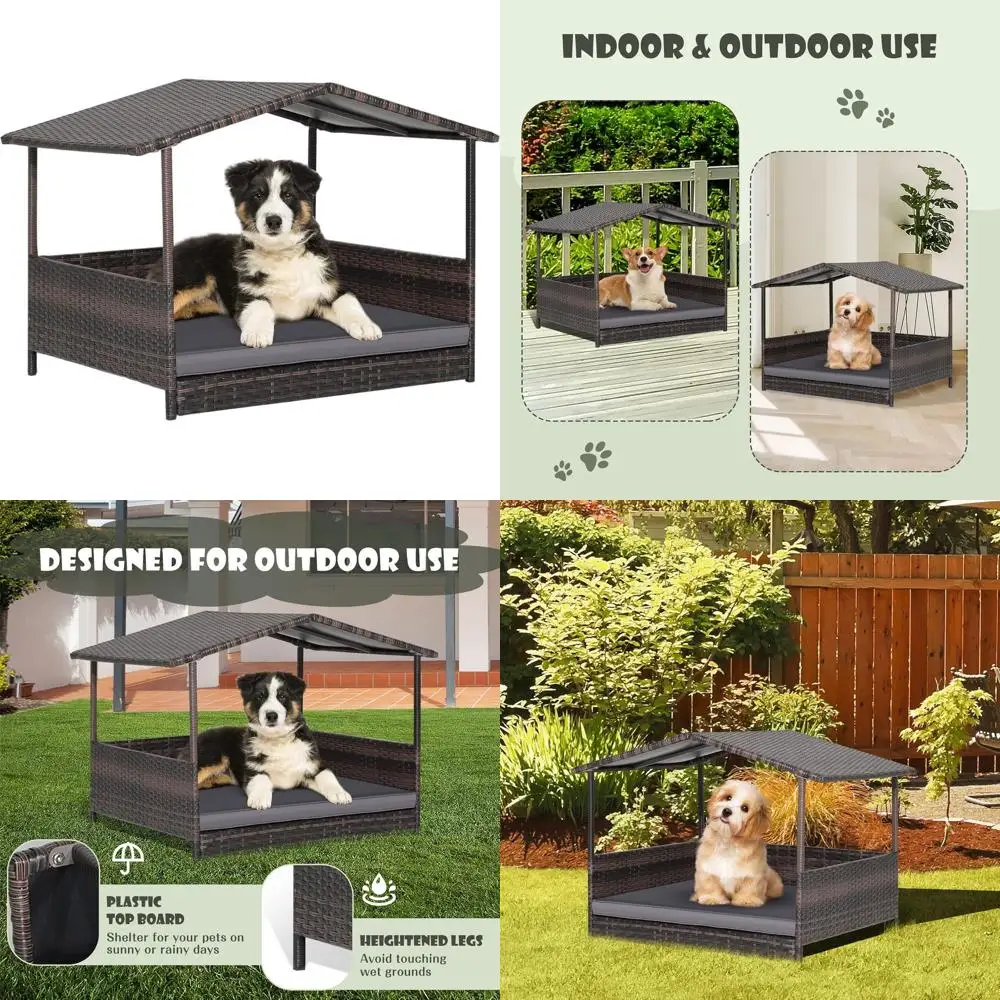 

Повышенная лежанка для собак из ротанга с водонепроницаемой крышей, съемным чехлом, стальным каркасом, подходит для использования в помещении и на улице, идеально для маленьких собак