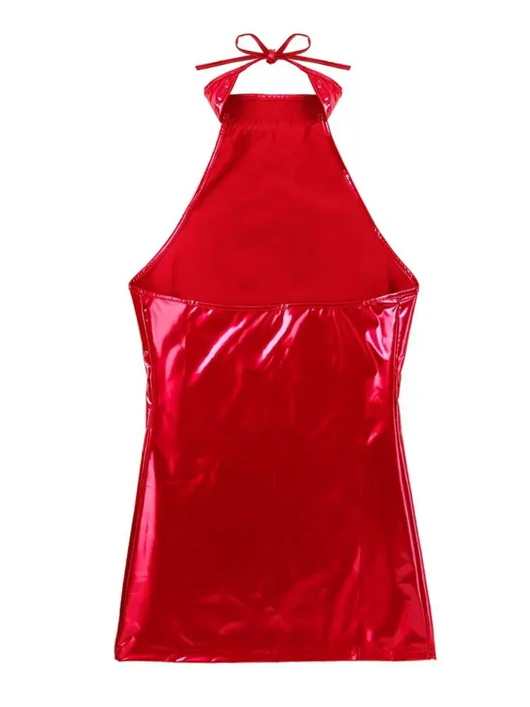 S-4XL Halter Backless Wet Look PVC Hot Dress Sleeveless Shiny PU Leather Sundress Package Hip Minifalda Sexy Vestido Clubwear