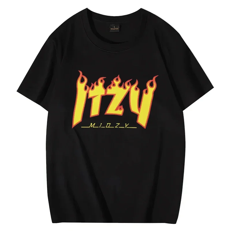Футболка с графическим принтом пламени Kpop ITZY для мужчин и женщин, свободная повседневная одежда, короткий рукав, чистый хлопок, черный, Y2K, 2021