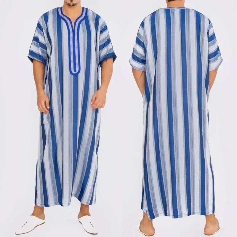 New Middle East Jubba Thobe Men Traditional Muslim Clothing Blue Stripe Male Saudi Arab Caftans Striped Kaftan Robe Arabic Abaya