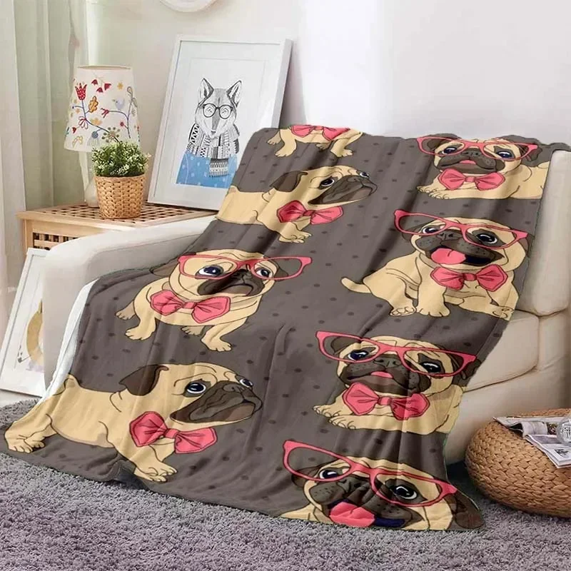 Cute Pug Blanket Animal Bedding Flannel Blanket Soft and Comfortable Plush Blanket for Sofa Bed Outdoor Travel Birthday Gift