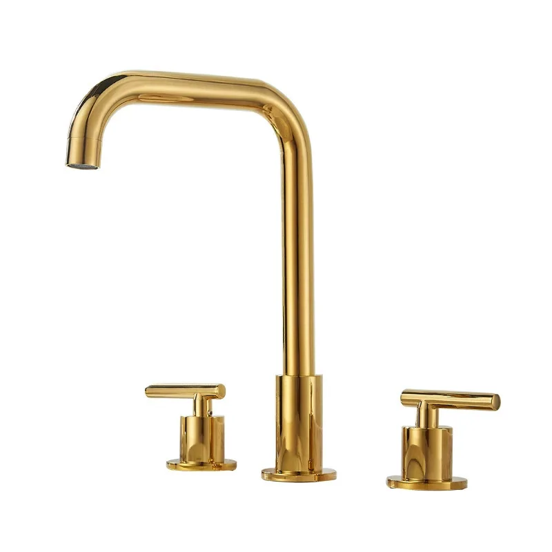 Gold Plated Basin Split Three Hole Faucet with Dual Control for Hot and Cold, Seated Basin Faucet Three Piece Set