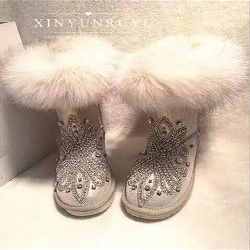 Handmade custom natural fox hair luxury rhinrhinide accessories women's mid-tube large size fur one waterproof snow boots 35-44