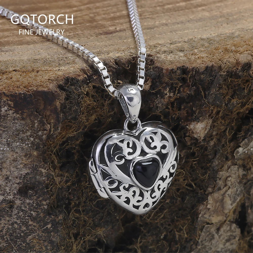 

925 Sterling Silver Openable Locket Love Heart Pendant Necklace with Back Onyx Sunflower Engraved Photo Frame Vintage Jewelry