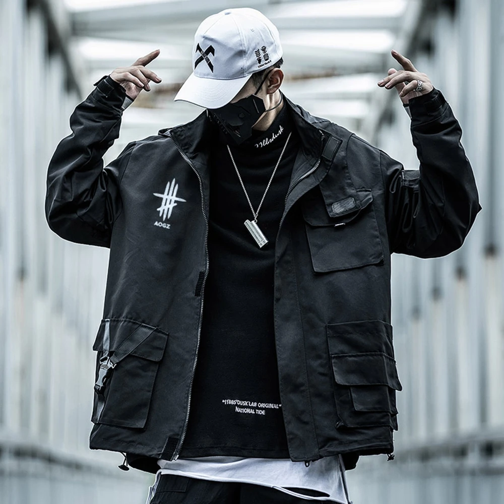AOGZ Reflective Zipper Cargo Jackets Coat Men Streetwear Tactical Function Multi-pocket Hoody Windbreaker Outwear Tops Spring