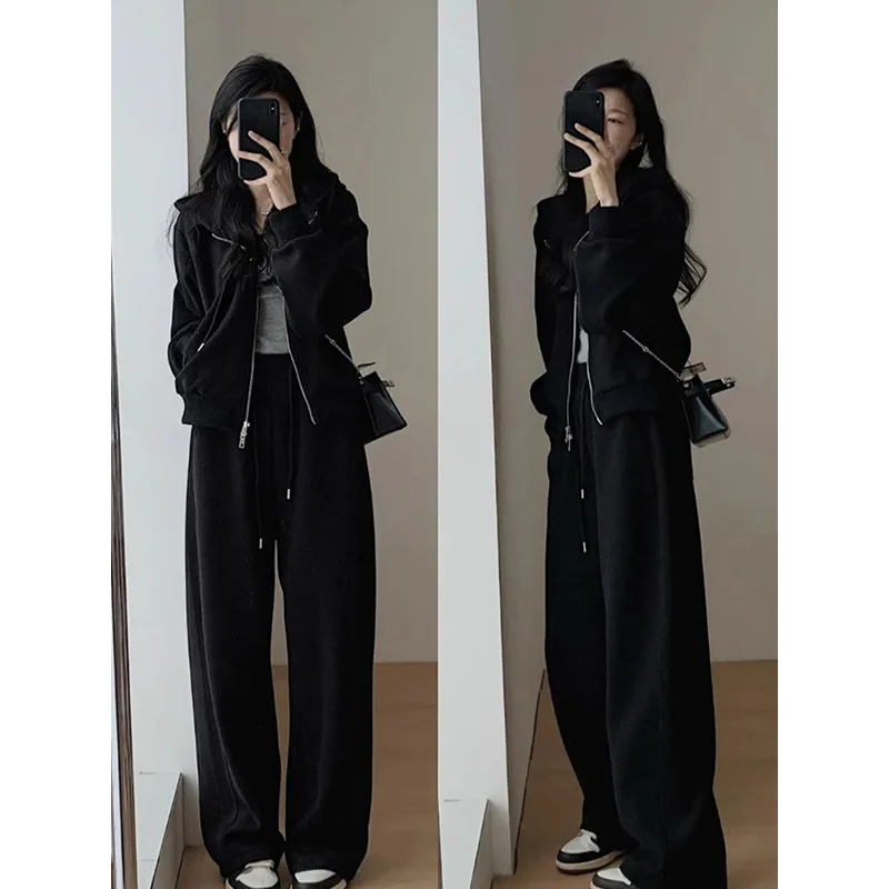 2024 Autumn Winter New Solid Loose Women\'s Hoodie and Sweatpants Two Piece Set Korean Fashion Y2k Zip Up Hoodie Sweatshirts