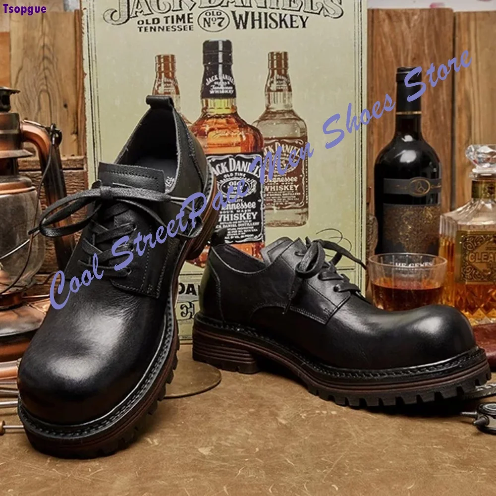 Streetwear Men Daily Outdoor Work Black Leather Shoes Round Toe Lace Up British Style Thick Sole Fashion Men Shoes Shallow New